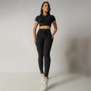 Conjunto Fitness Cropped Seamless Preto Canelado CO420